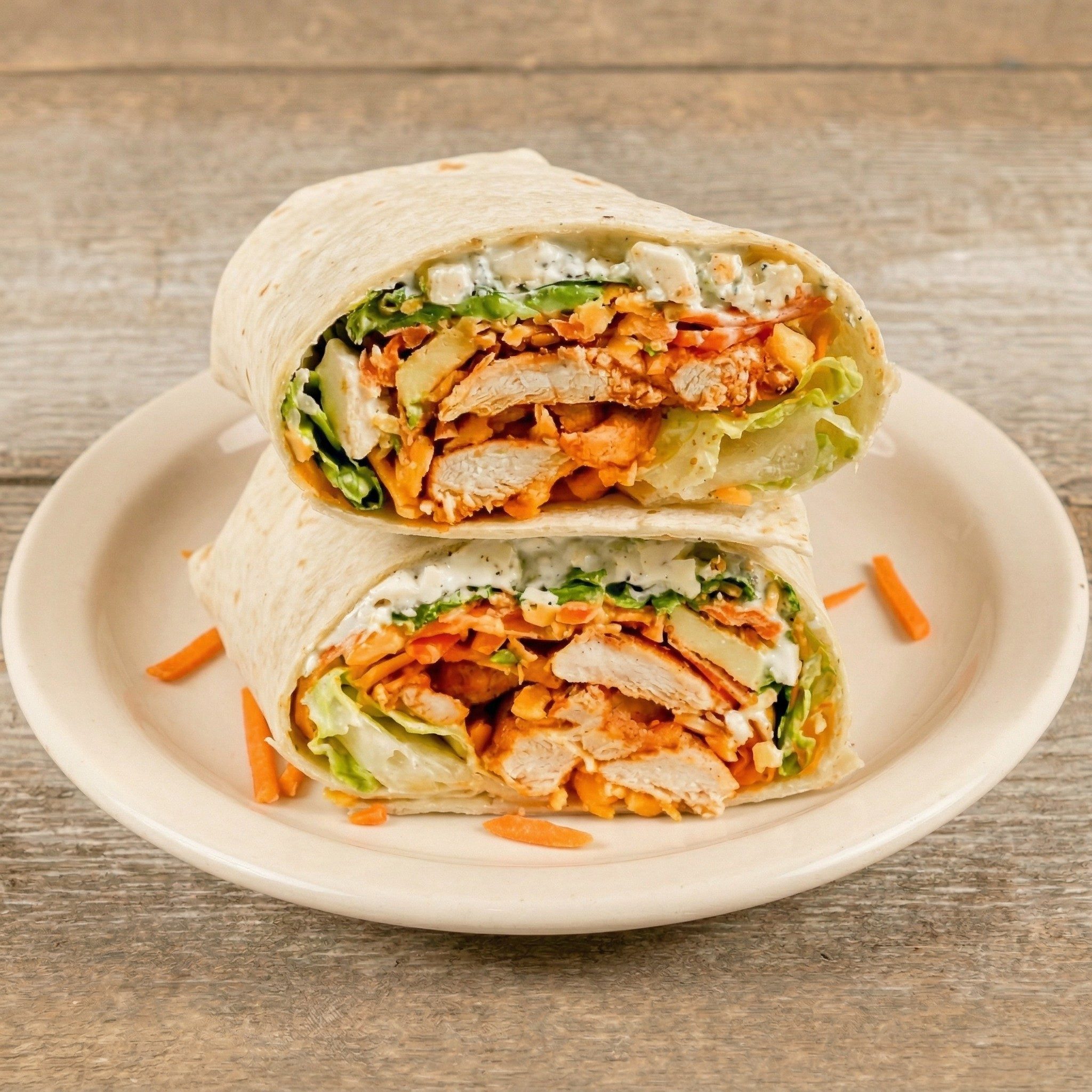 Buffalo Chicken Cutlet Wrap Sandwich.