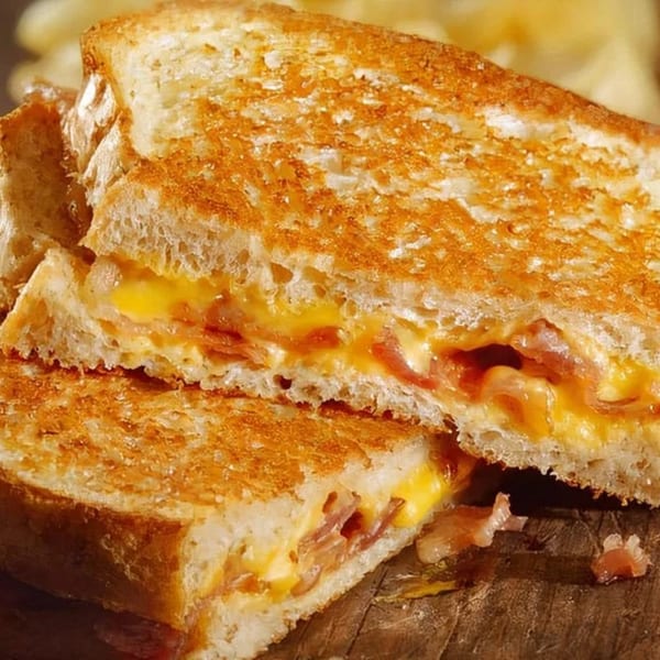 A Classic Gourmet Deli grilled cheese sandwich, cut in half, revealing melted cheese and bacon.